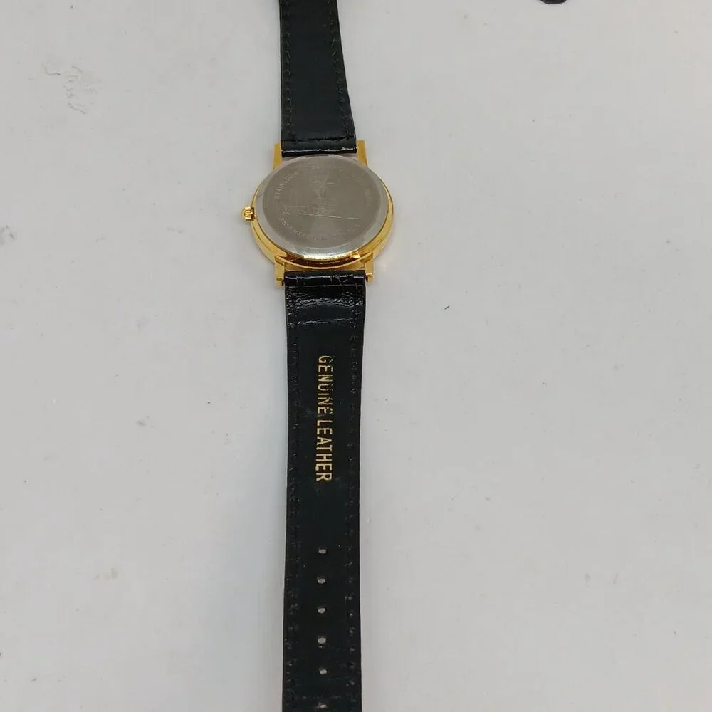 Pekingese 33mm Women's Gold Tone Black Leather Band Dog Watch